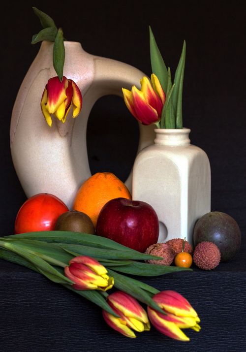 still life fruits tulips