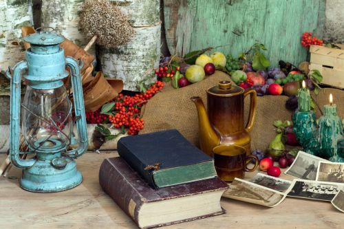 still life books fruit