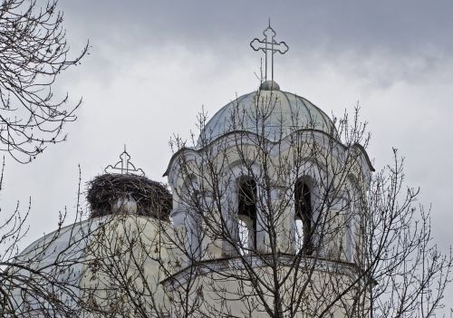 stork nest on church orthodox sunday