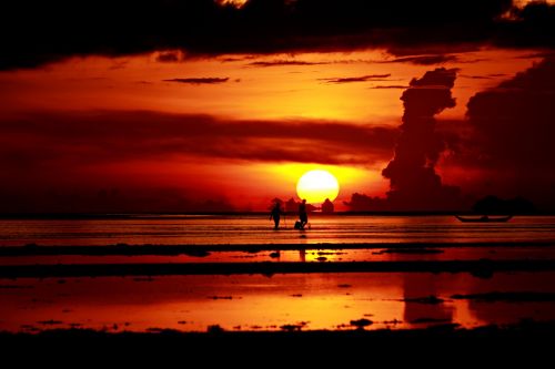 sunset sea fisherman