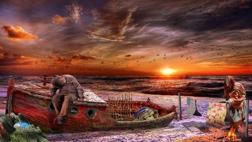 sunset fisherman sea