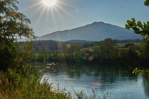 sunset  river  mountain