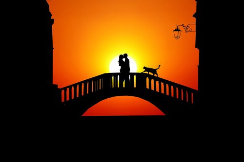 sunset  couple  bridge