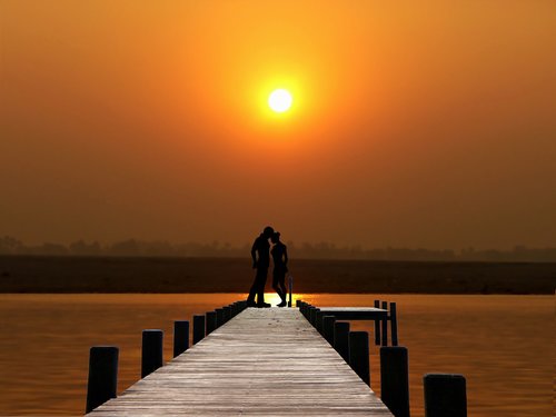 sunset  lake  couple