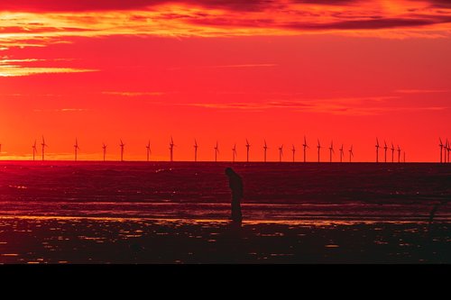 sunset  wind turbines  orange