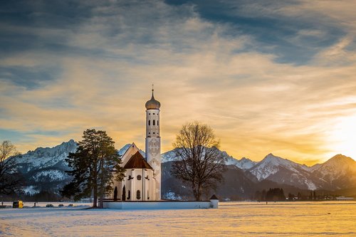 sunset  church  winter