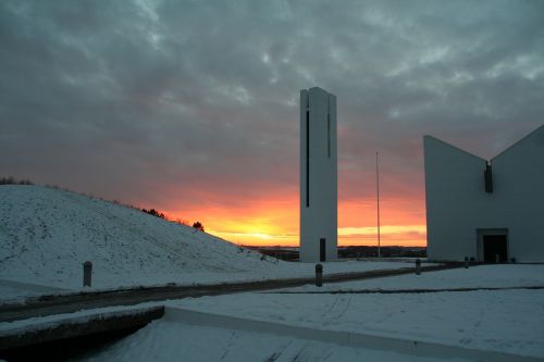 sunset snow church