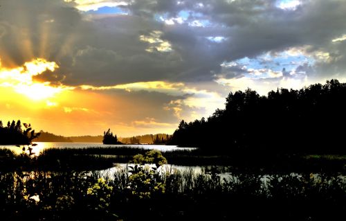 sunset lake clouds