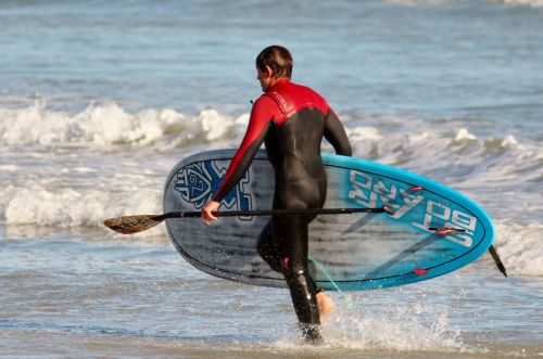 surfer stand up paddling sea