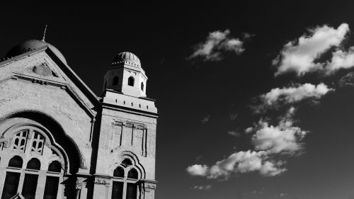 synagogue black and white the clouds