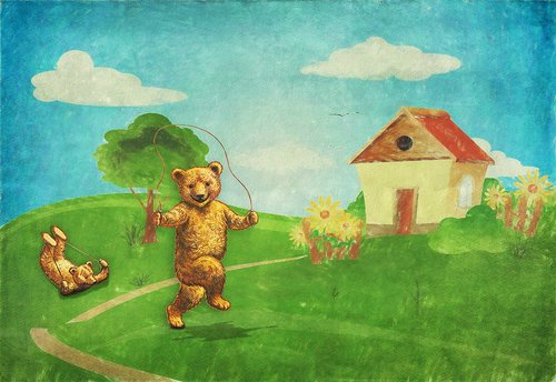 teddy bears  landscape  house