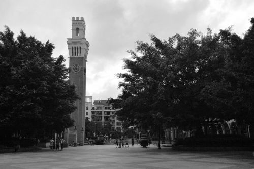 the bell tower square black and white