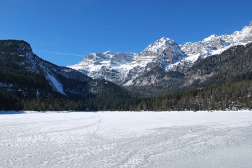 the frozen lake dolomites mountain
