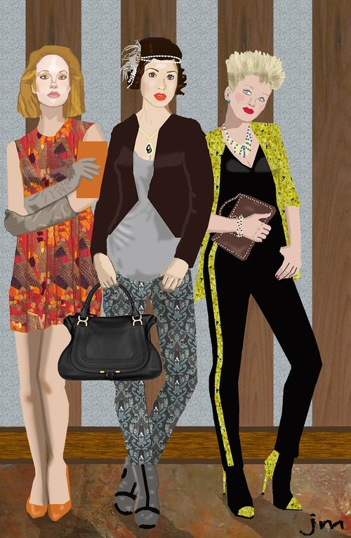 three women standing  stylish clothing  hair ornament
