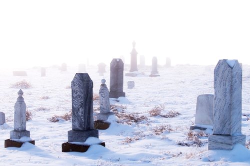 tombstones  fog  winter