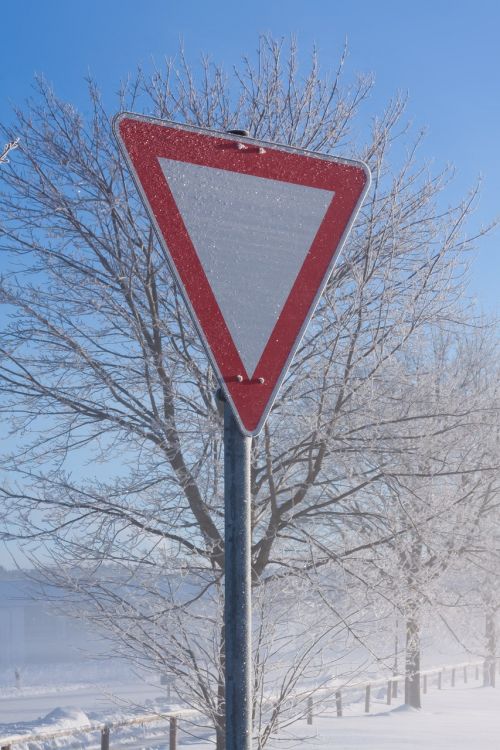 traffic sign winter hoarfrost