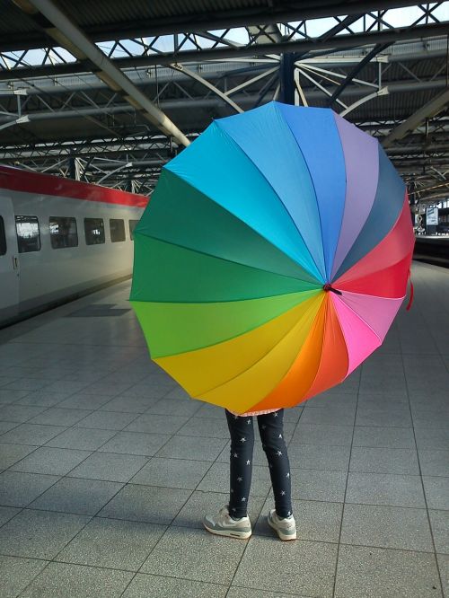 train umbrella rainbow