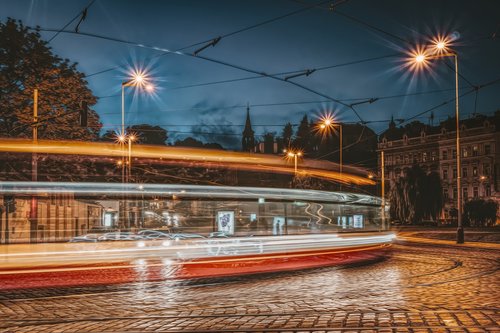 tram  prague  night