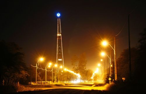 transmission tower city lights