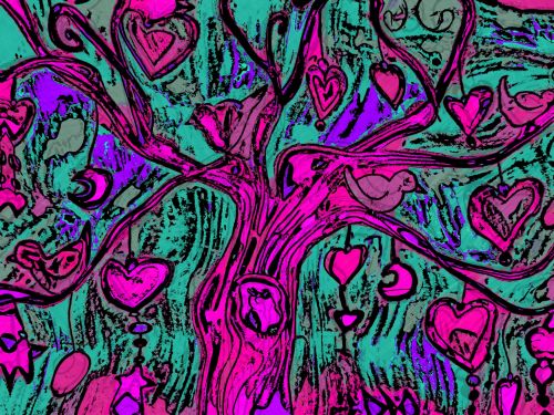 Tree, Birds And Hearts