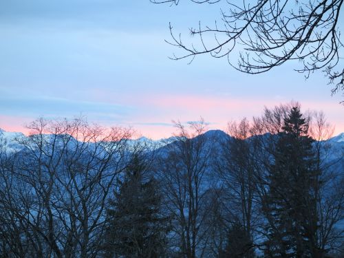 trees sunset mountains