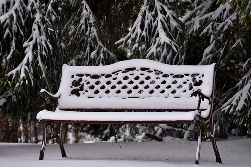 tuinbankje  garden bench  snowy
