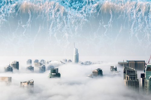 utopia  waves  a city with clouds