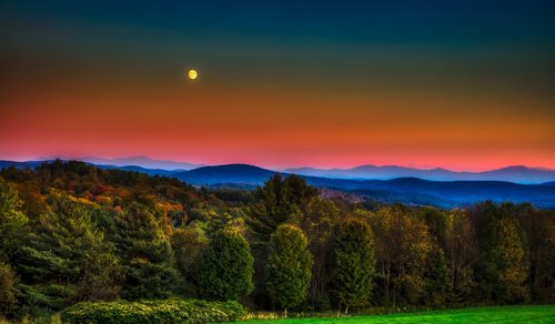 vermont  full moon  sunset