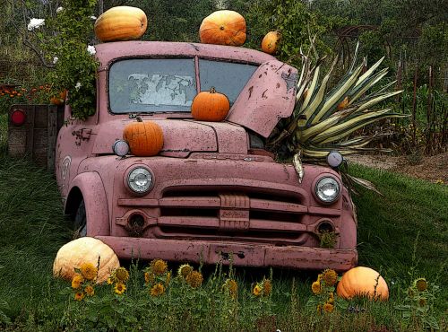 Vintage Fall Truck With Pumpkins