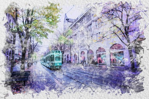 watercolor  city  street