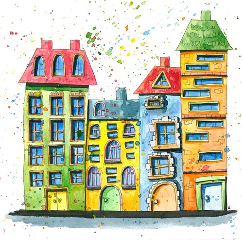 watercolor  houses  drawing