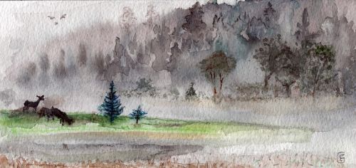 watercolour fog landscape