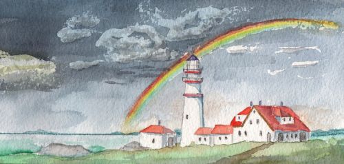 watercolour lighthouse rainbow