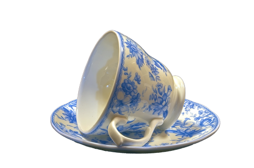 white and blue china  cup  saucer