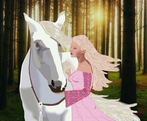 white horse  pretty blonde woman  forest background