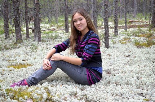 white moss  girl  pine forest