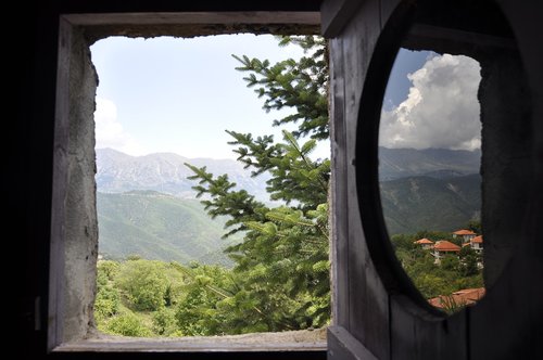 window  landscape  mountains