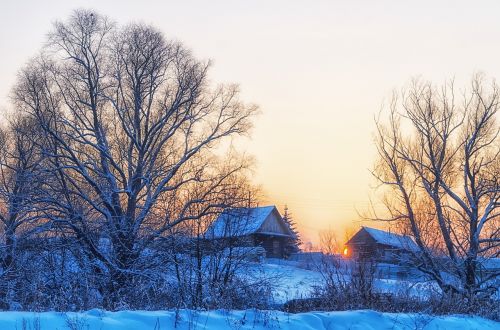 winter village sunset