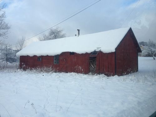 winter red cottage red house