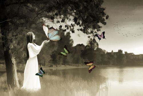woman butterflies girl
