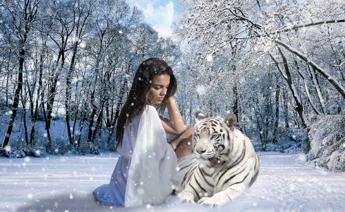 woman tiger snow