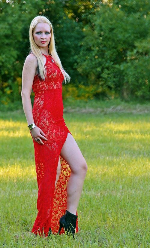 woman blonde red dress