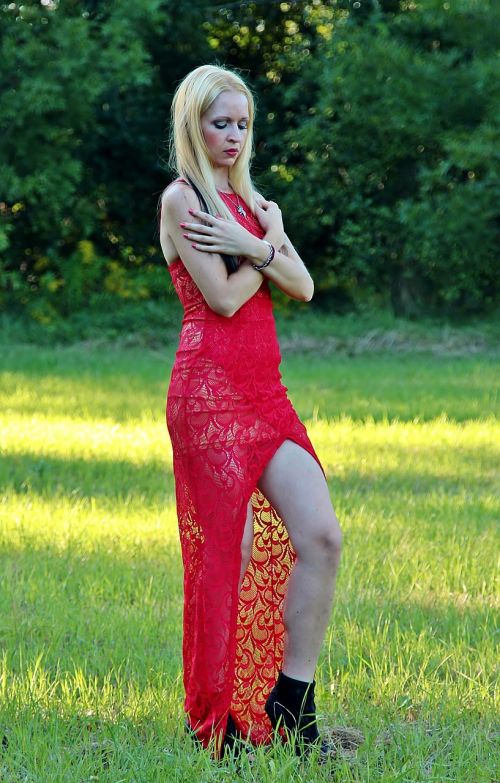 woman blonde red dress