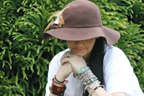 woman brunette hat