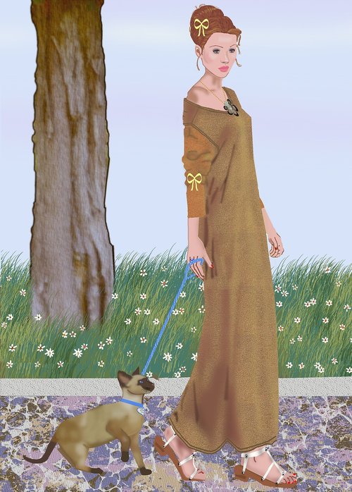 woman walking cat  siamese cat  tree trunk grass