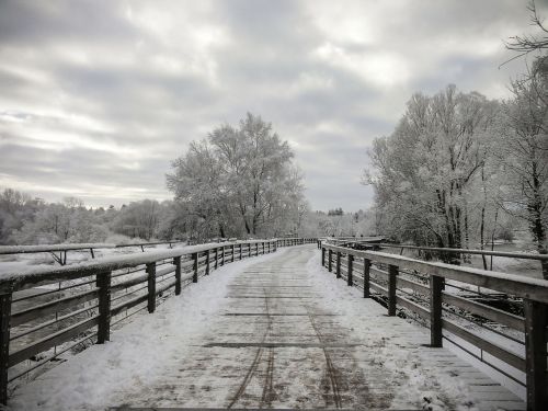 wooden bridge winter snow
