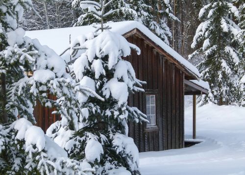 wooden hut cabin winter