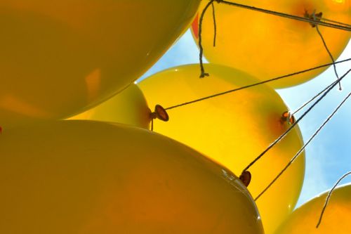 yellow balloons up high tied with string