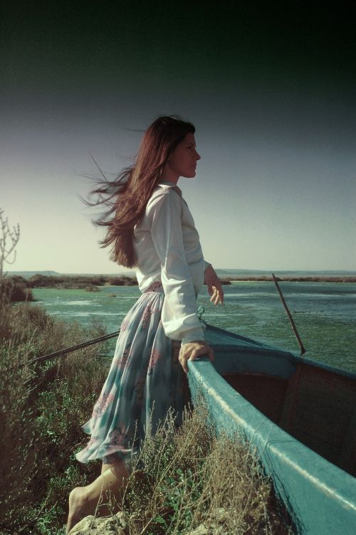young woman long hair sea